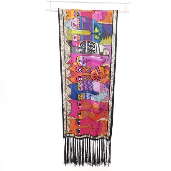 Laurel Burch Vintage Silk Cat Scarf w/ Fringe - Picture 2 of 10